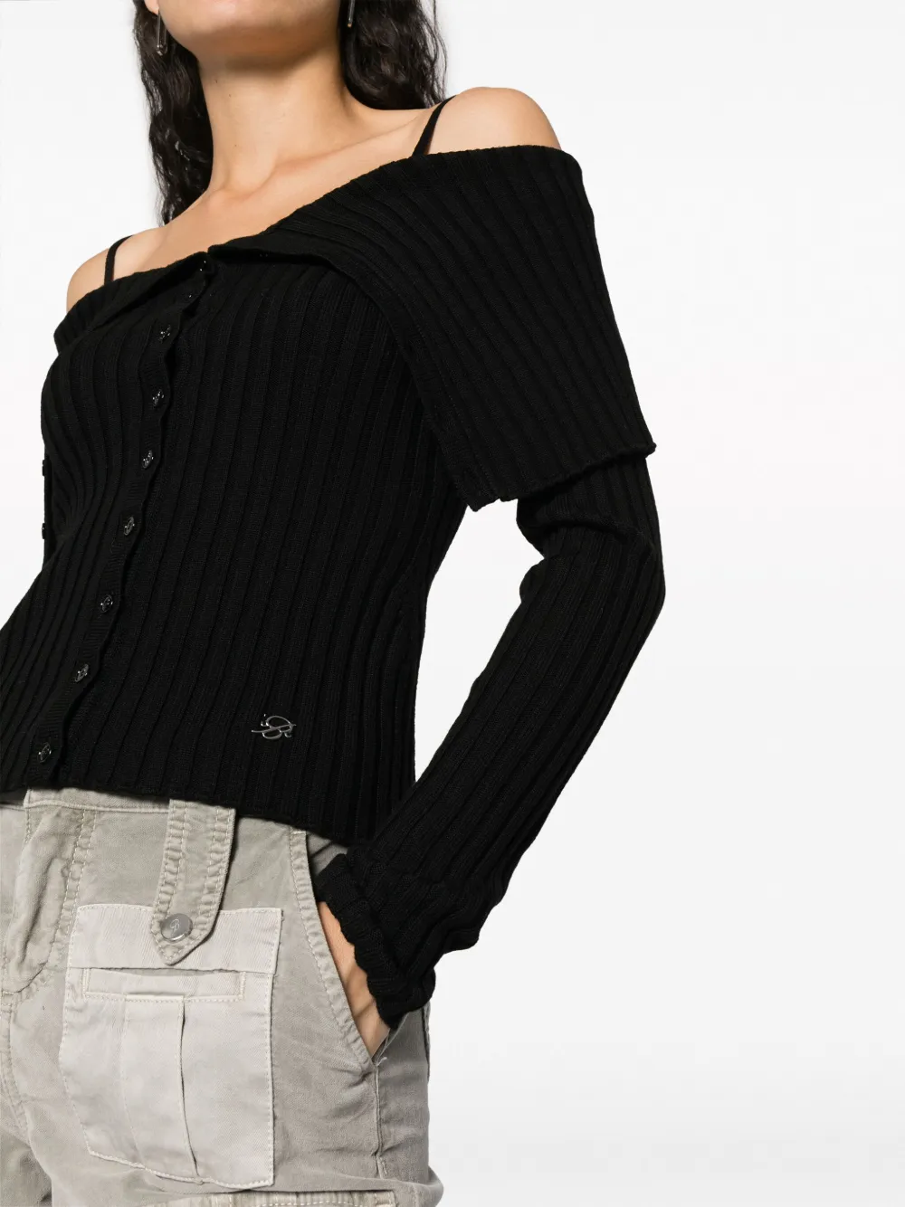 Blumarine Off-shoulder Ribbed Wool Cardigan In Schwarz