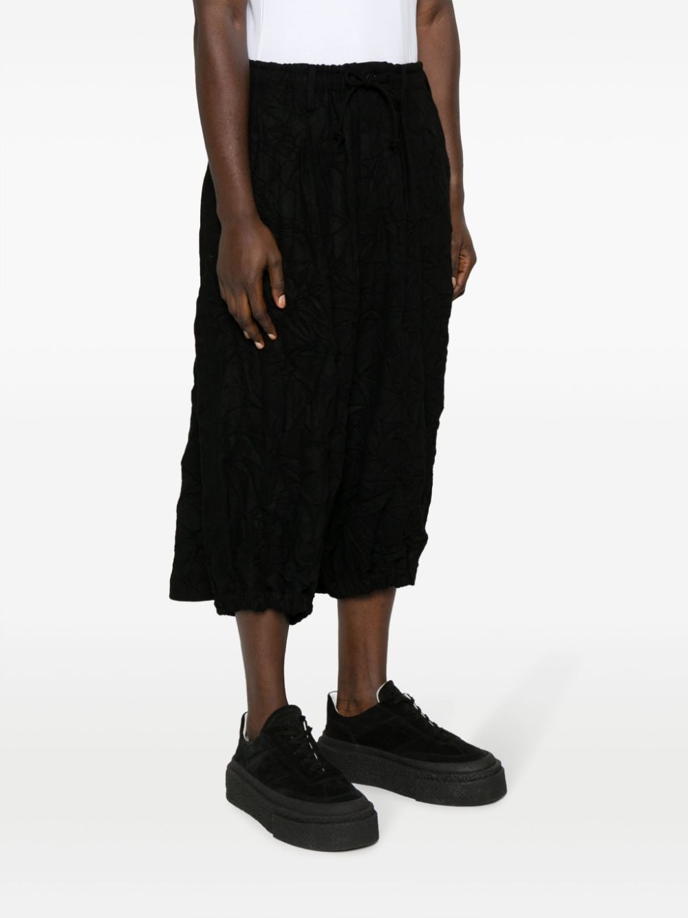 Shop Yohji Yamamoto Crinkled Flannel Drop-crotch Shorts In Black