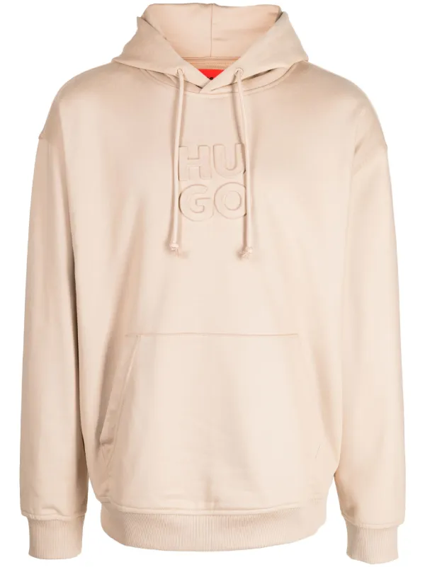 HUGO logo embossed Drawstring Cotton Hoodie Farfetch