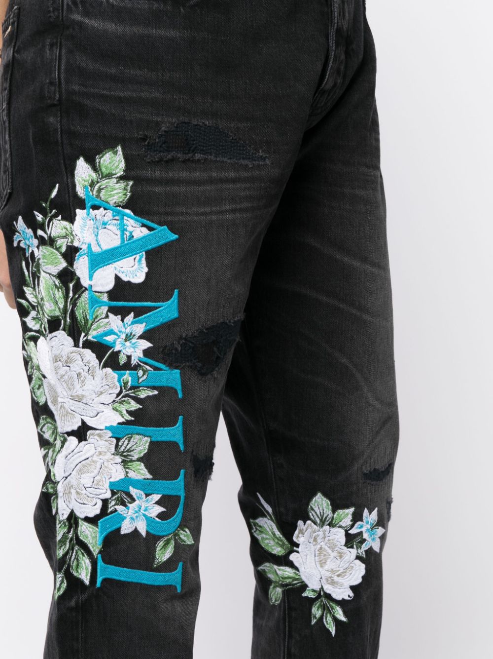 花卉印花直筒牛仔裤