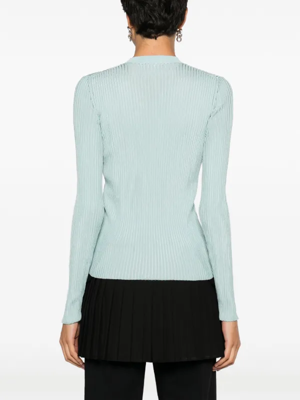 【FENDI】ブルーアイリスMINKトリミンググレーカラーシルクシフォンTOPS FENDI colour-block ribbed-knit silk-blend Top | Blue