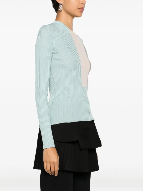 【FENDI】ブルーアイリスMINKトリミンググレーカラーシルクシフォンTOPS FENDI colour-block ribbed-knit silk-blend Top | Blue