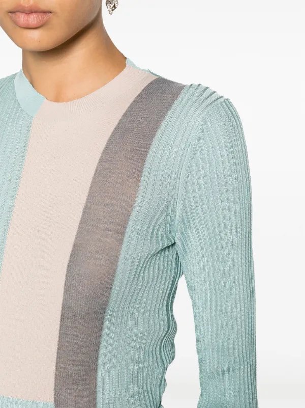 【FENDI】ブルーアイリスMINKトリミンググレーカラーシルクシフォンTOPS FENDI colour-block ribbed-knit silk-blend Top | Blue