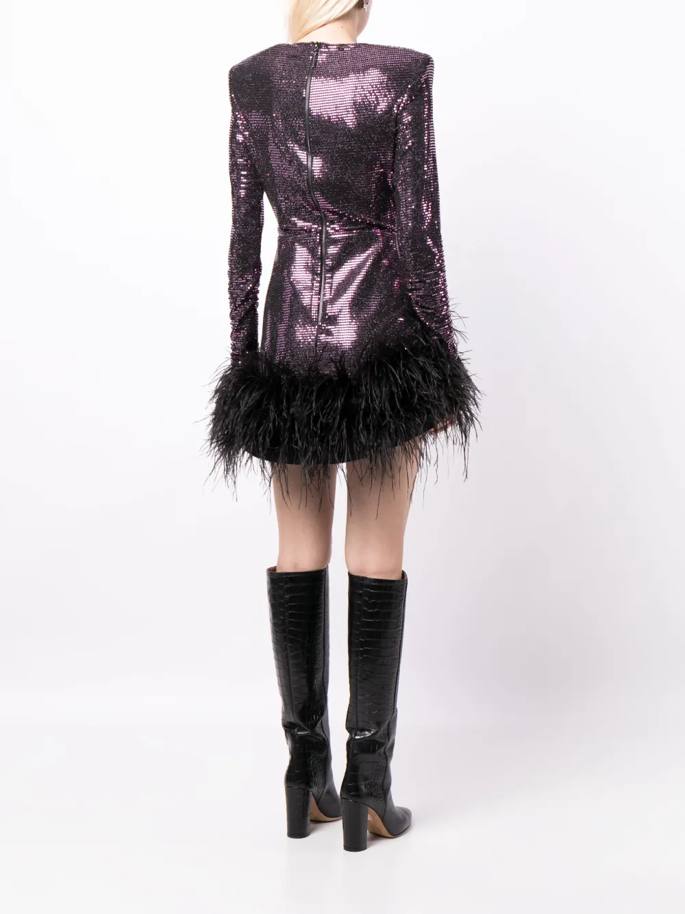 Bronx And Banco Feather-detailing Metallic-finish Dress In Purple