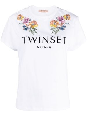 Womens T-Shirts & Tops  TWINSET Milano Maxi T-Shirt With Print Optical  White / Jaguar Print & College — TwentyTwoGrand