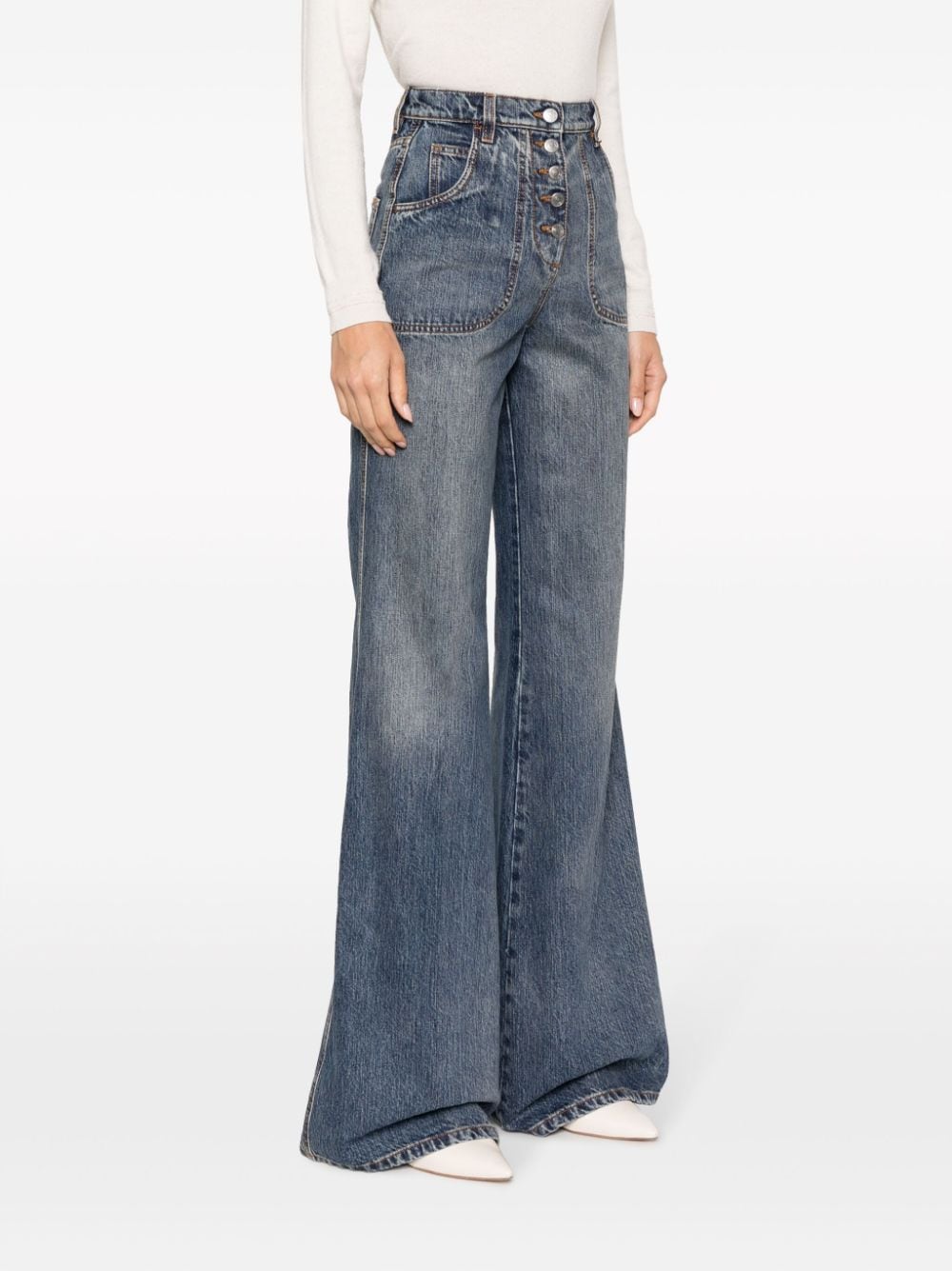 Shop Etro Floral-embroidered Wide-leg Jeans In Blue