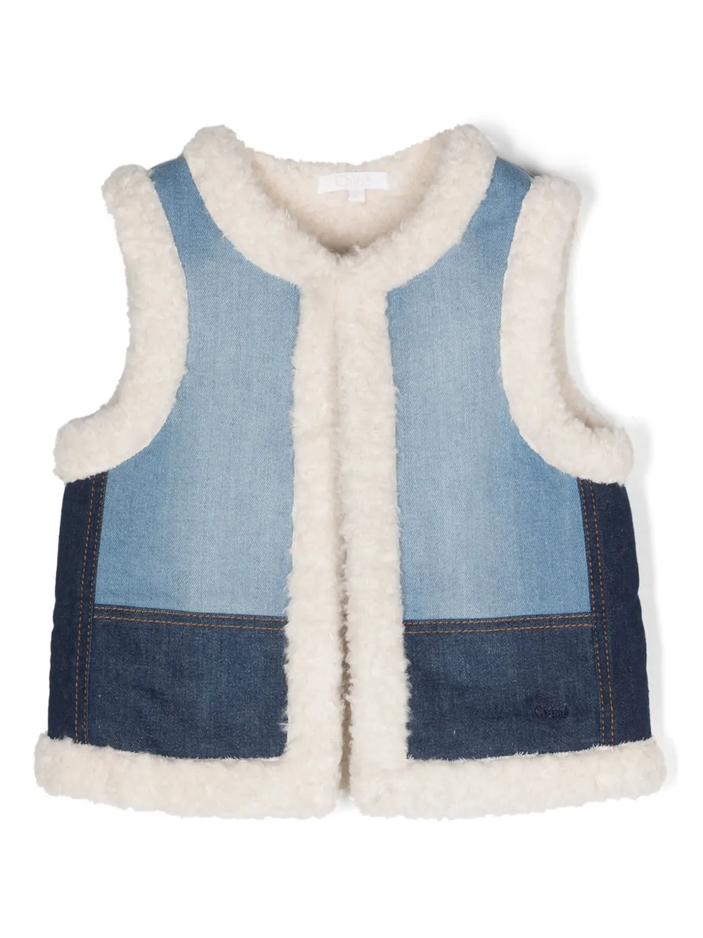 CHLOÉ DENIM-PATCHWORK FLEECE WAISTCOAT