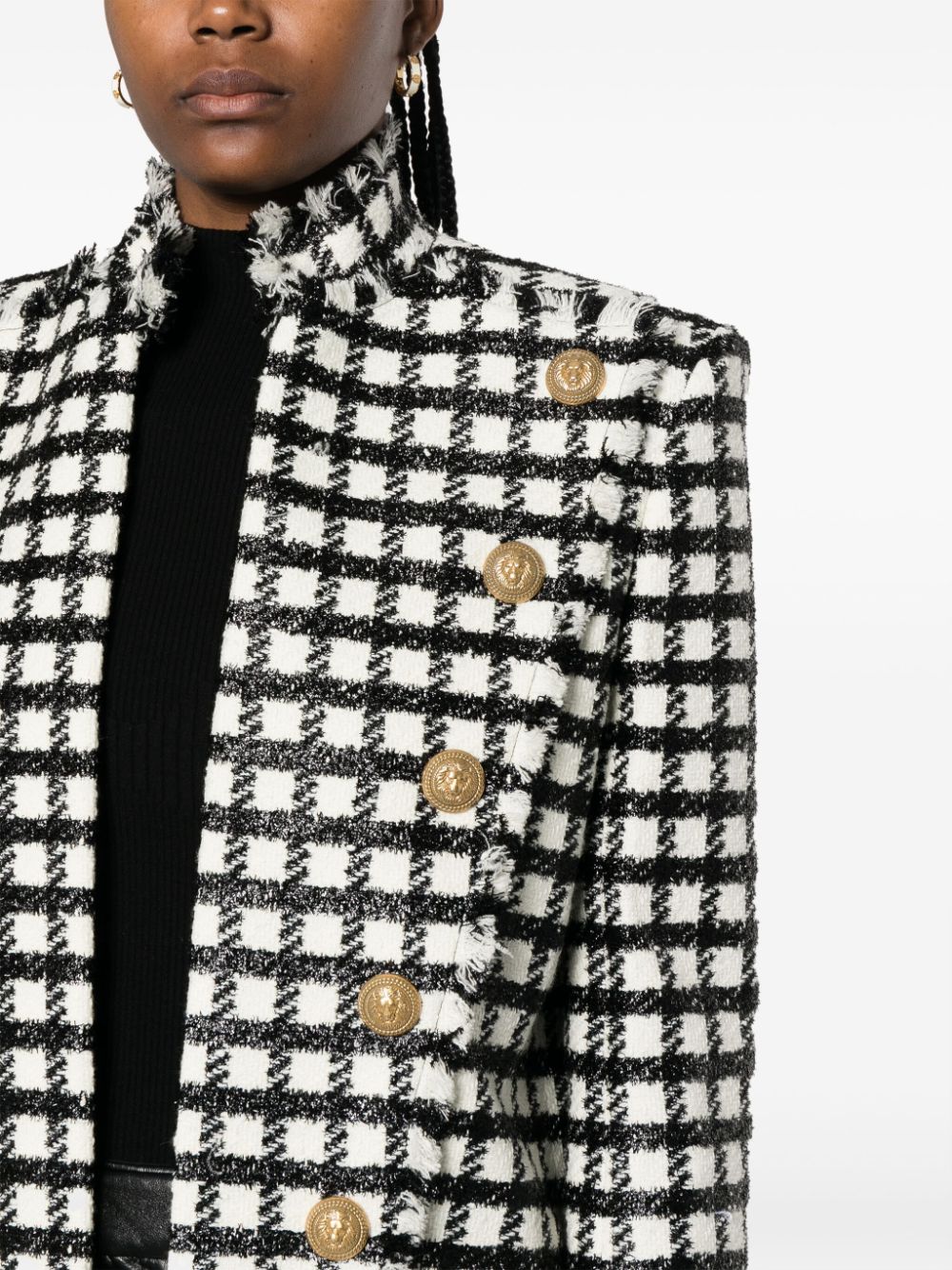 Shop Balmain Button-embellished Checked Jacket In Black