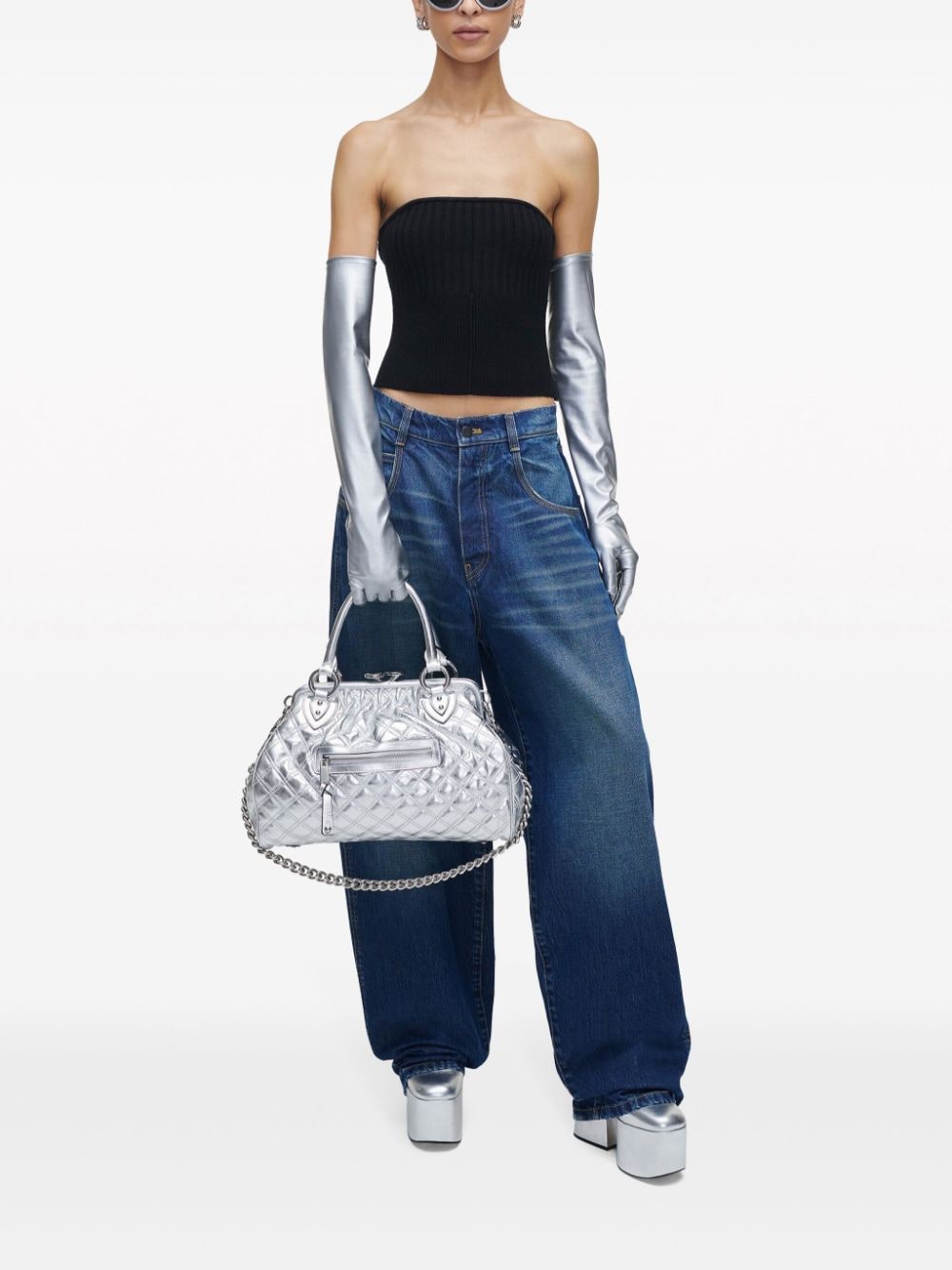 Shop Marc Jacobs Re-edition Quilted Metallic Leather Stam Bag In Silver