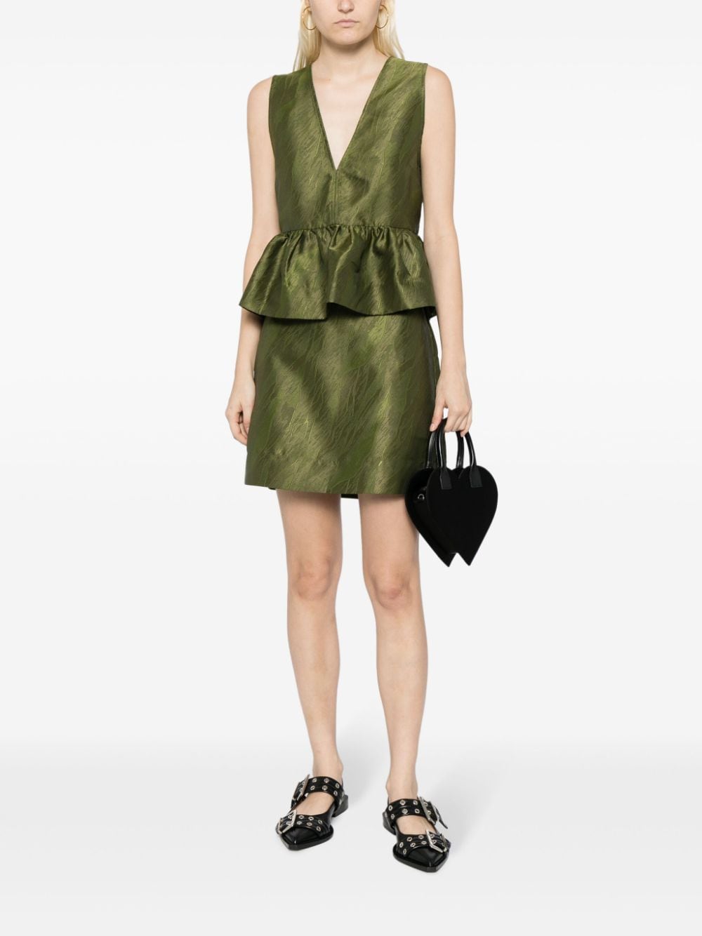 Shop Ganni Jacquard Satin Miniskirt In Green