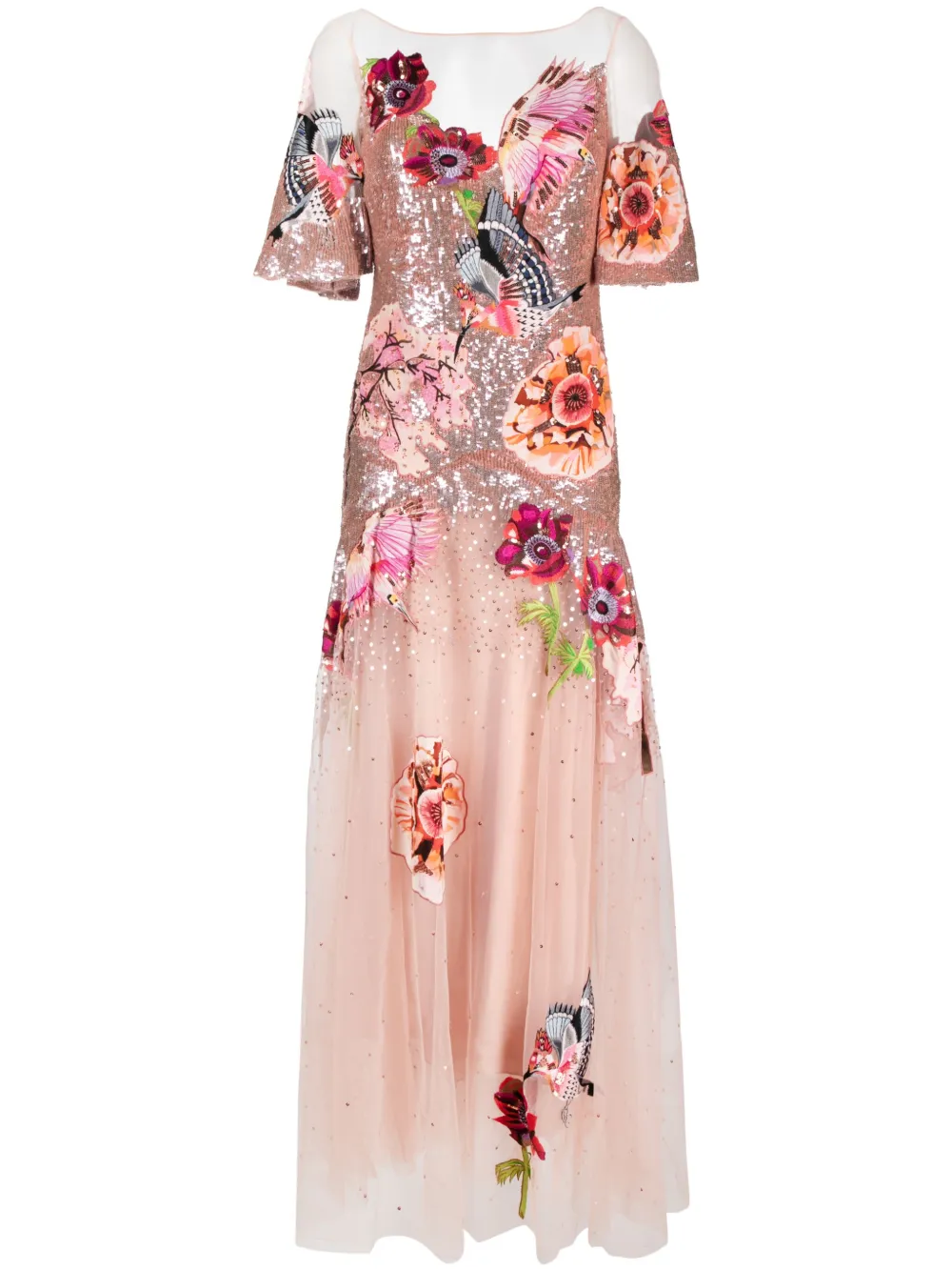 Temperley London Petal Hummingbird-embroidered Gown Dress In Pink