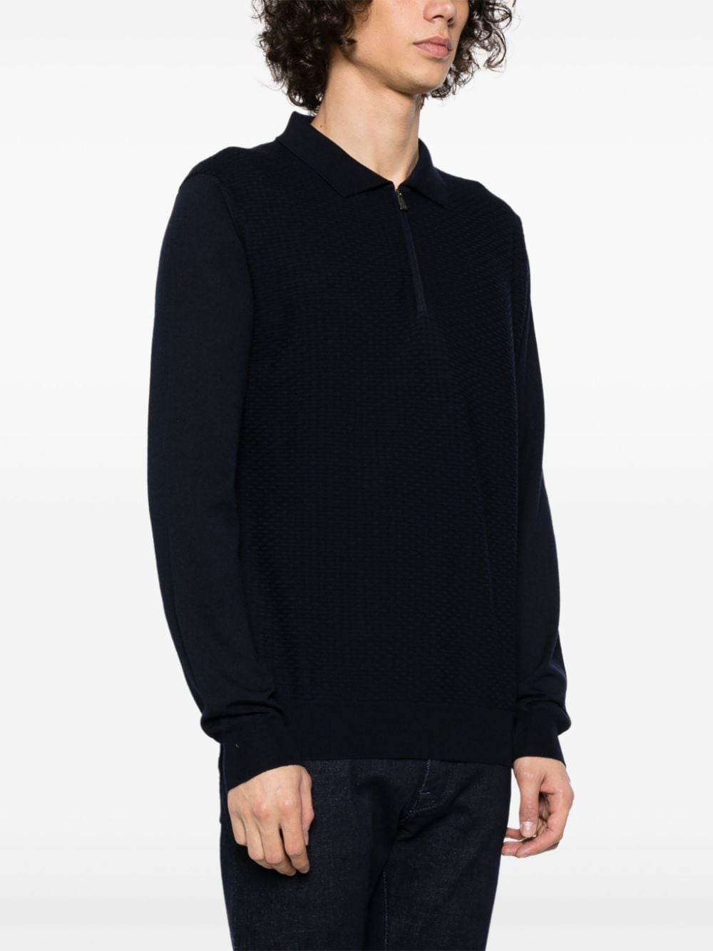 Shop Corneliani Textured-finish Virgin Wool Polo Shirt In Blue