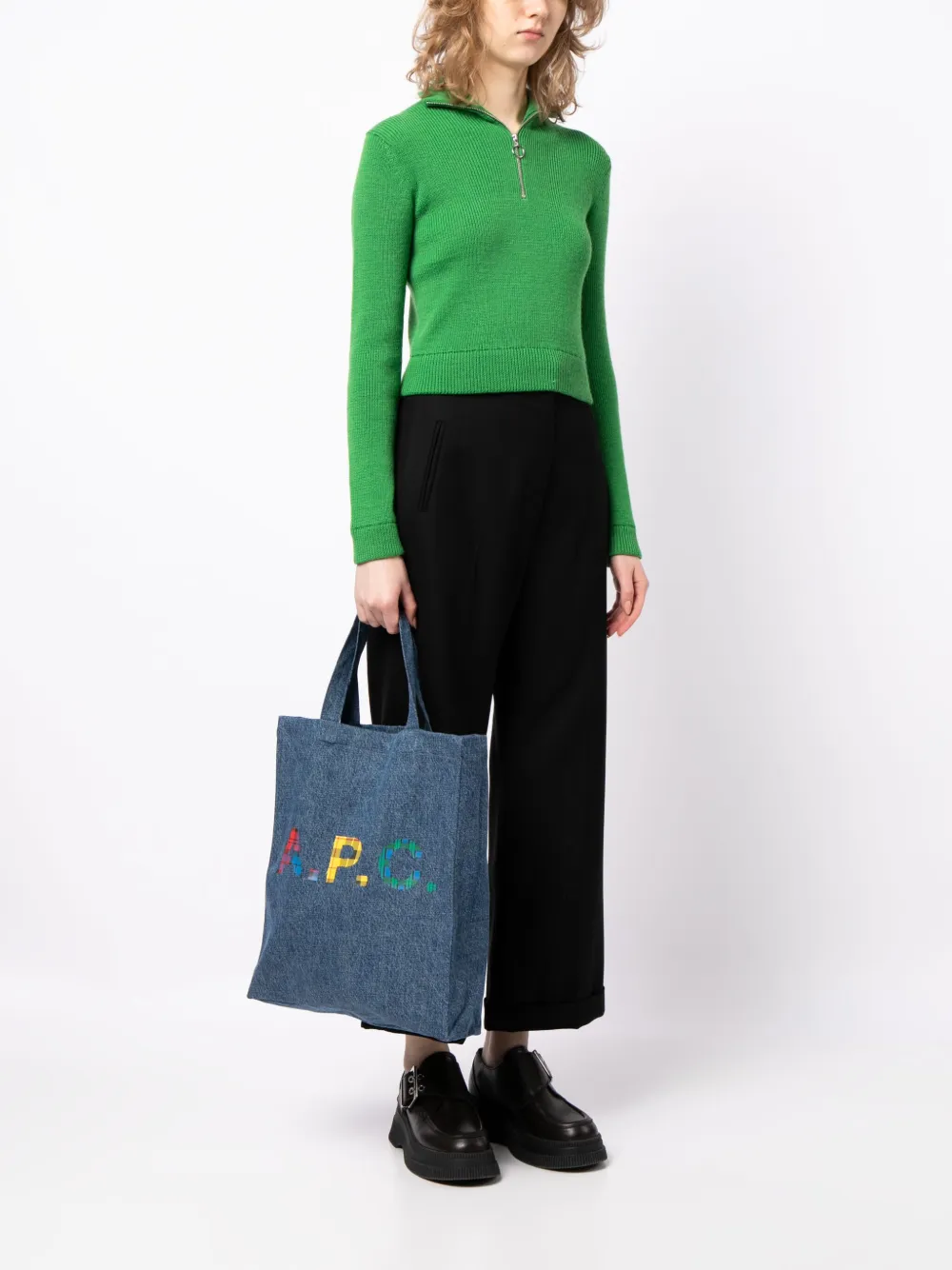 A.P.C. logo-print denim tote bag - Blauw