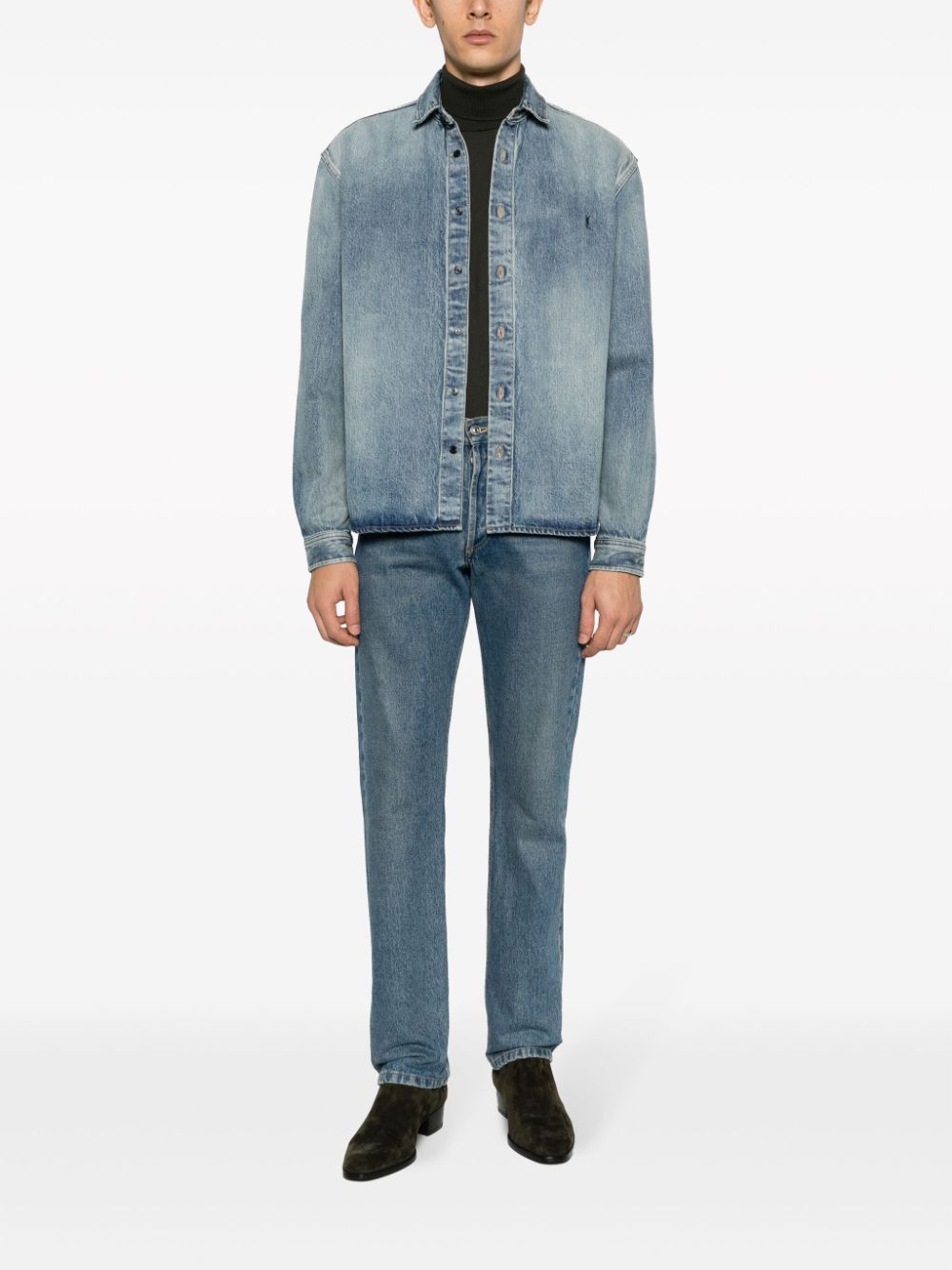 Saint Laurent Cassandre logo-embroidered denim shirt - Blauw