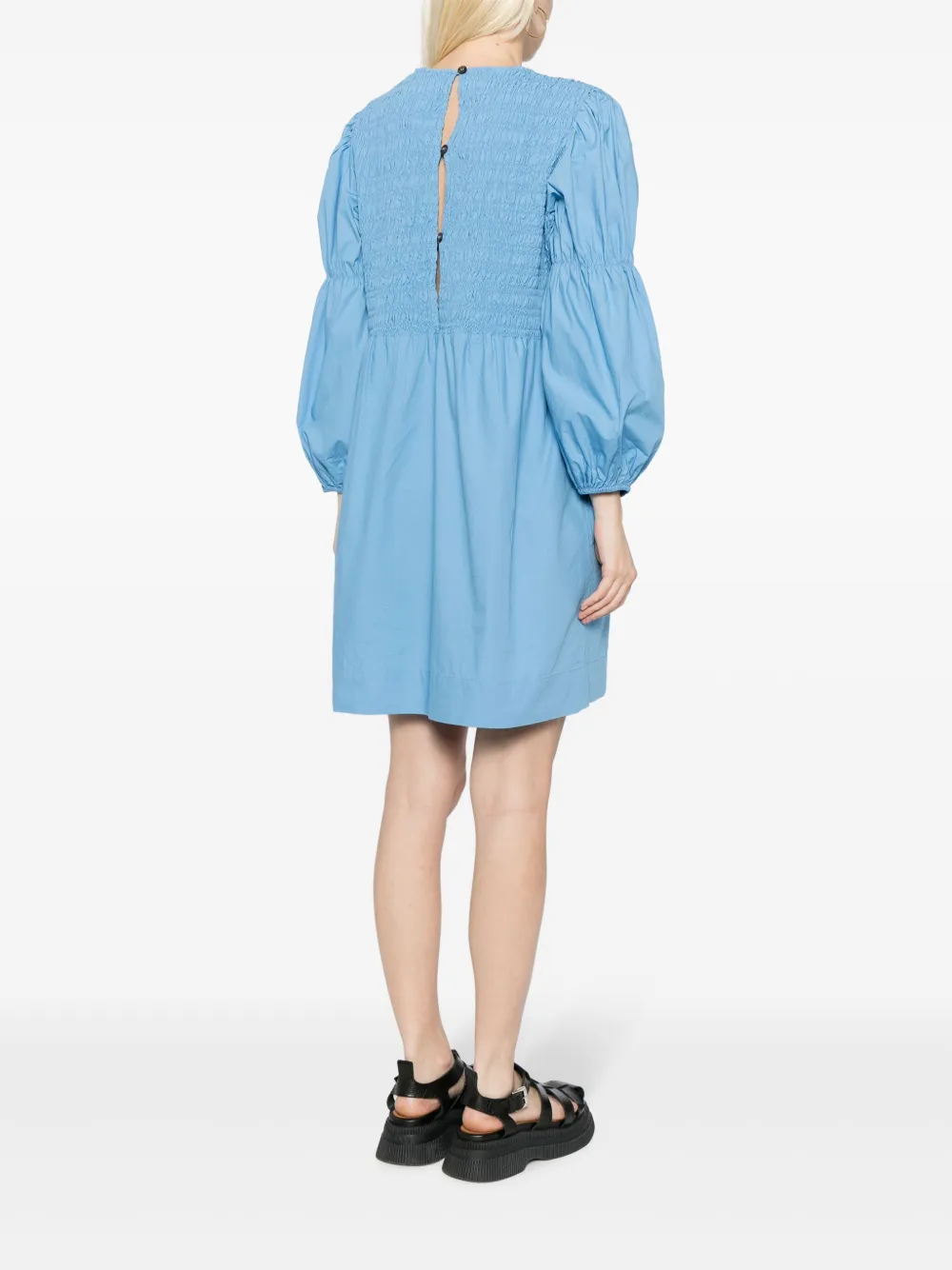 Shop Ganni Smock Puff-sleeve Dress In Blue