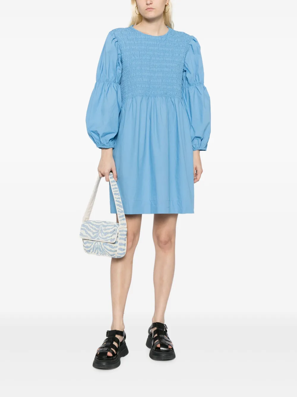 Shop Ganni Smock Puff-sleeve Dress In Blue