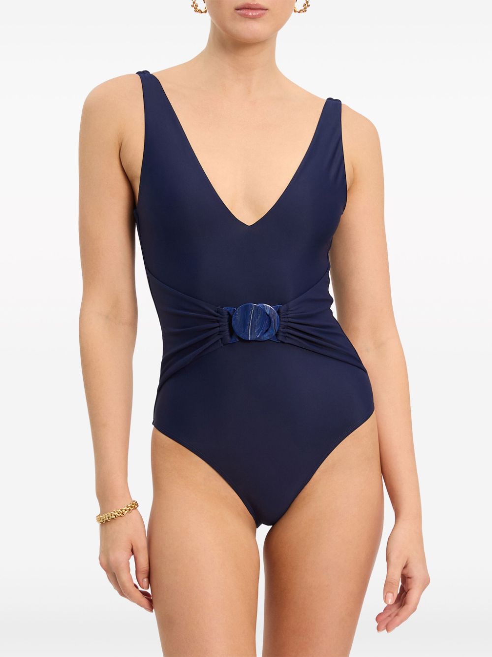 Shop Rebecca Vallance Alba Belted V-neck Swimsuit In Blue