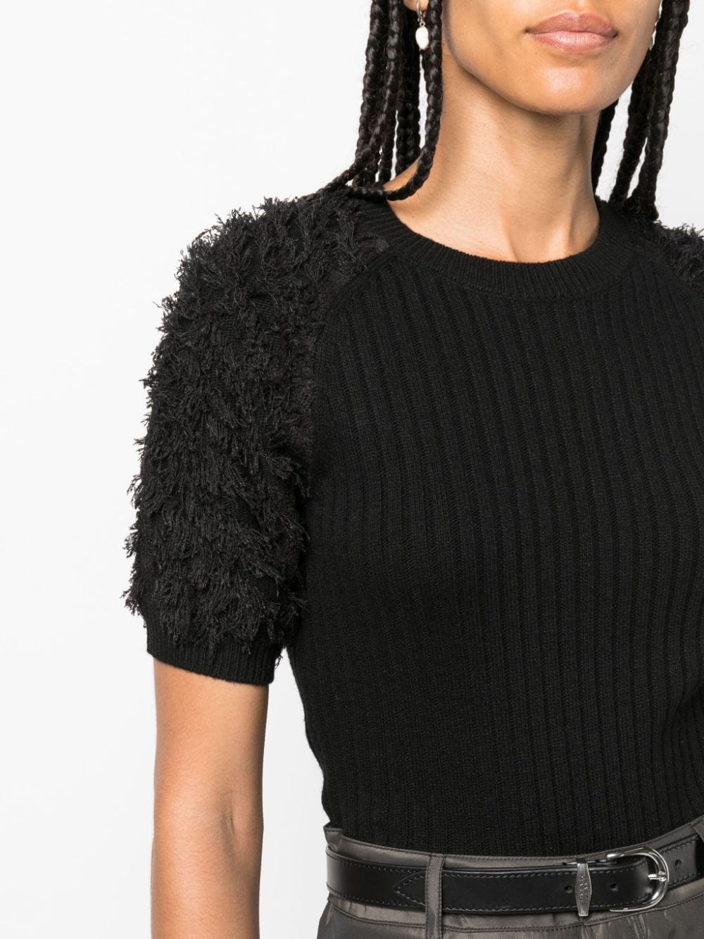 Shop Pinko Ribbed-knit Short-sleeve Top In Black