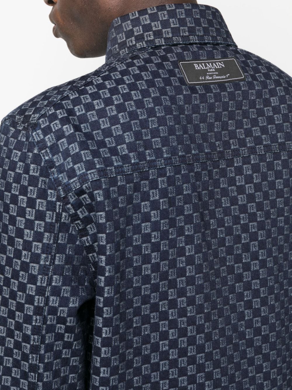 Shop Balmain Monogram-jacquard Denim Shirt In Blau