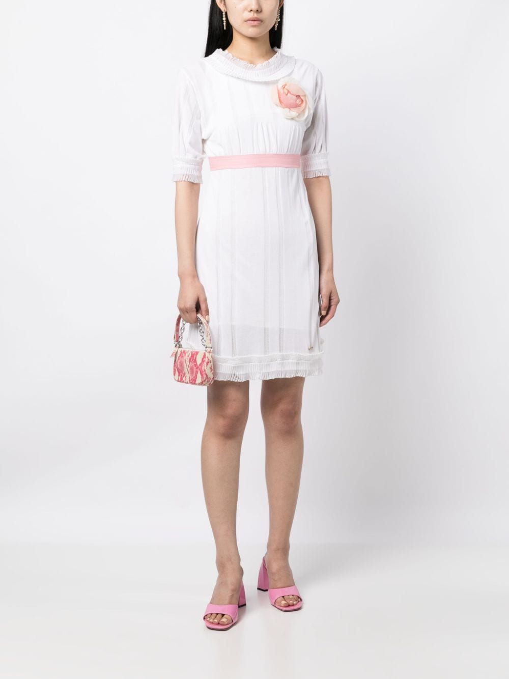 Pre-owned Chanel Rose-appliqué Minidress In White