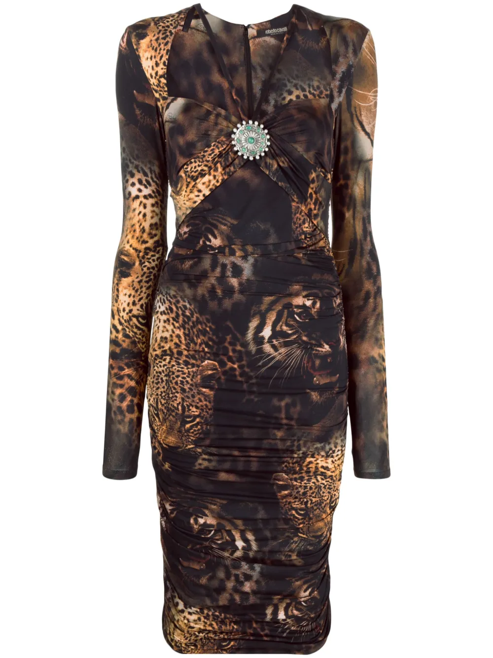 ruched animal-print midi dress