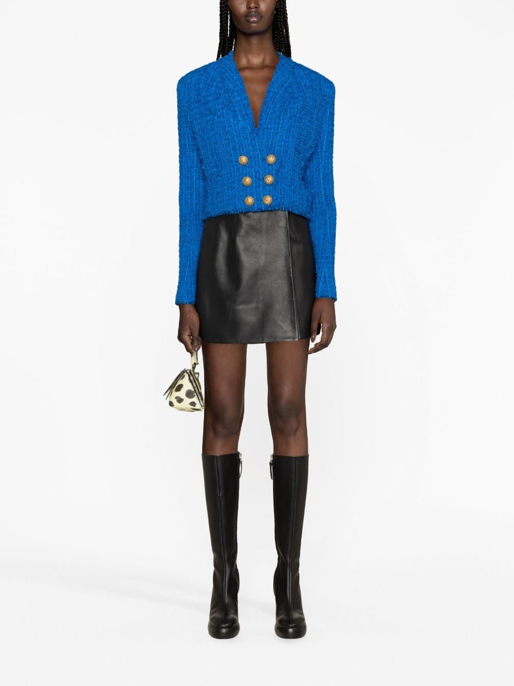 Shop Balmain Double-breasted Cropped Tweed Jacket In Blau