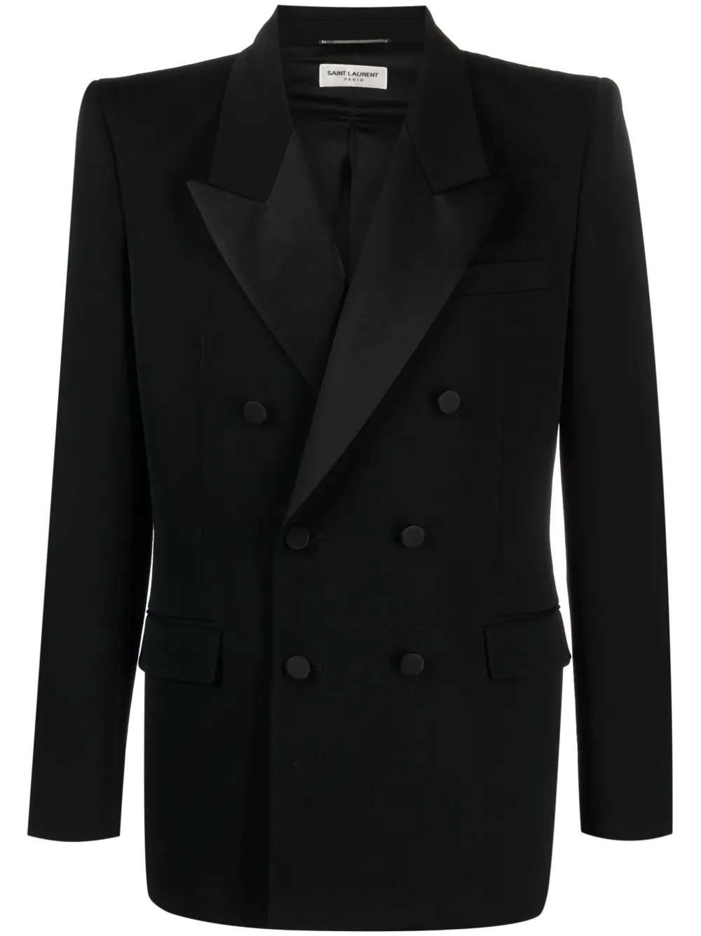 Saint Laurent Double-breasted Satin-trimmed Wool Blazer In Black