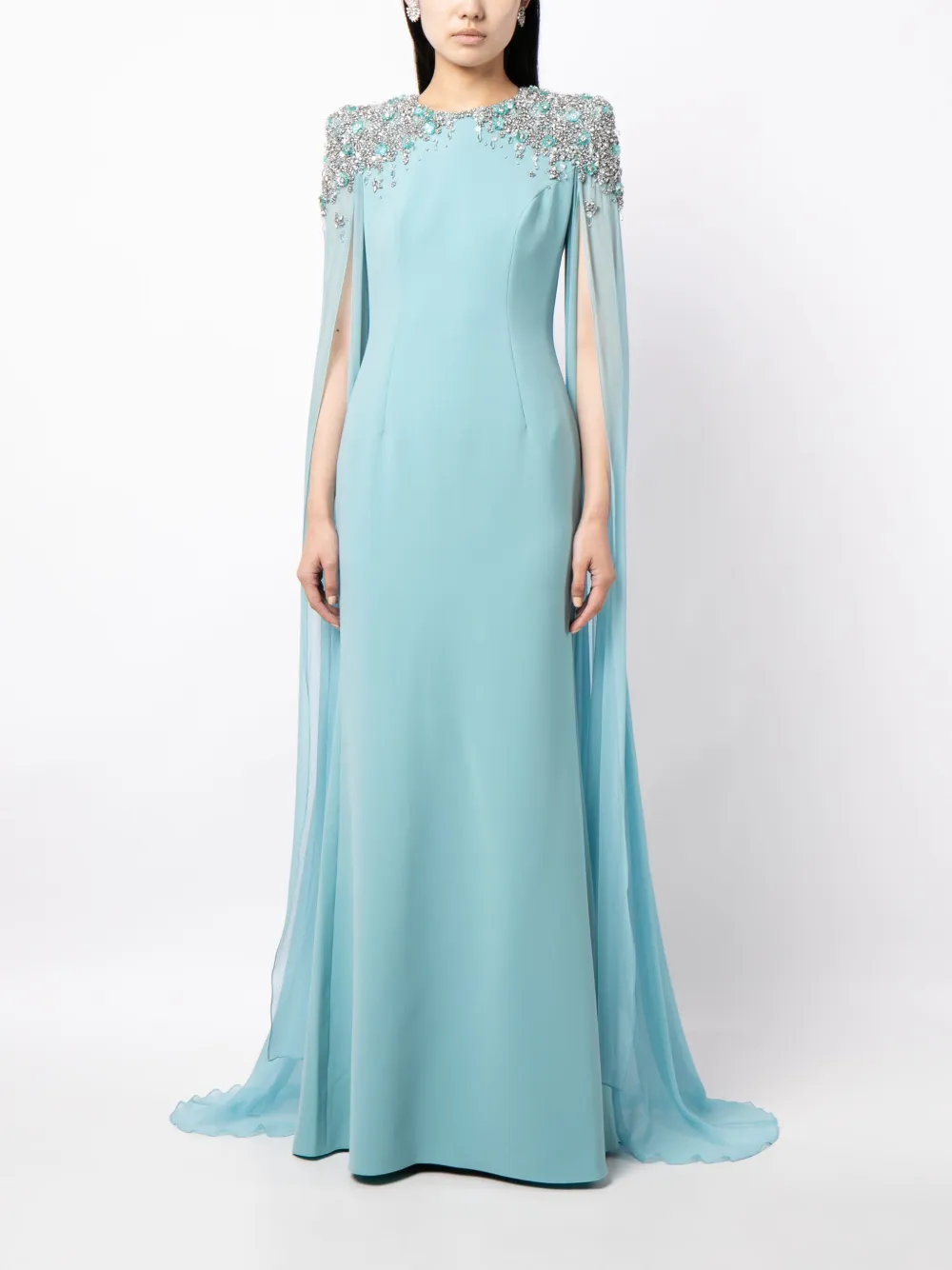 Jenny Packham Jenna crystal-embellished cape gown - Blauw
