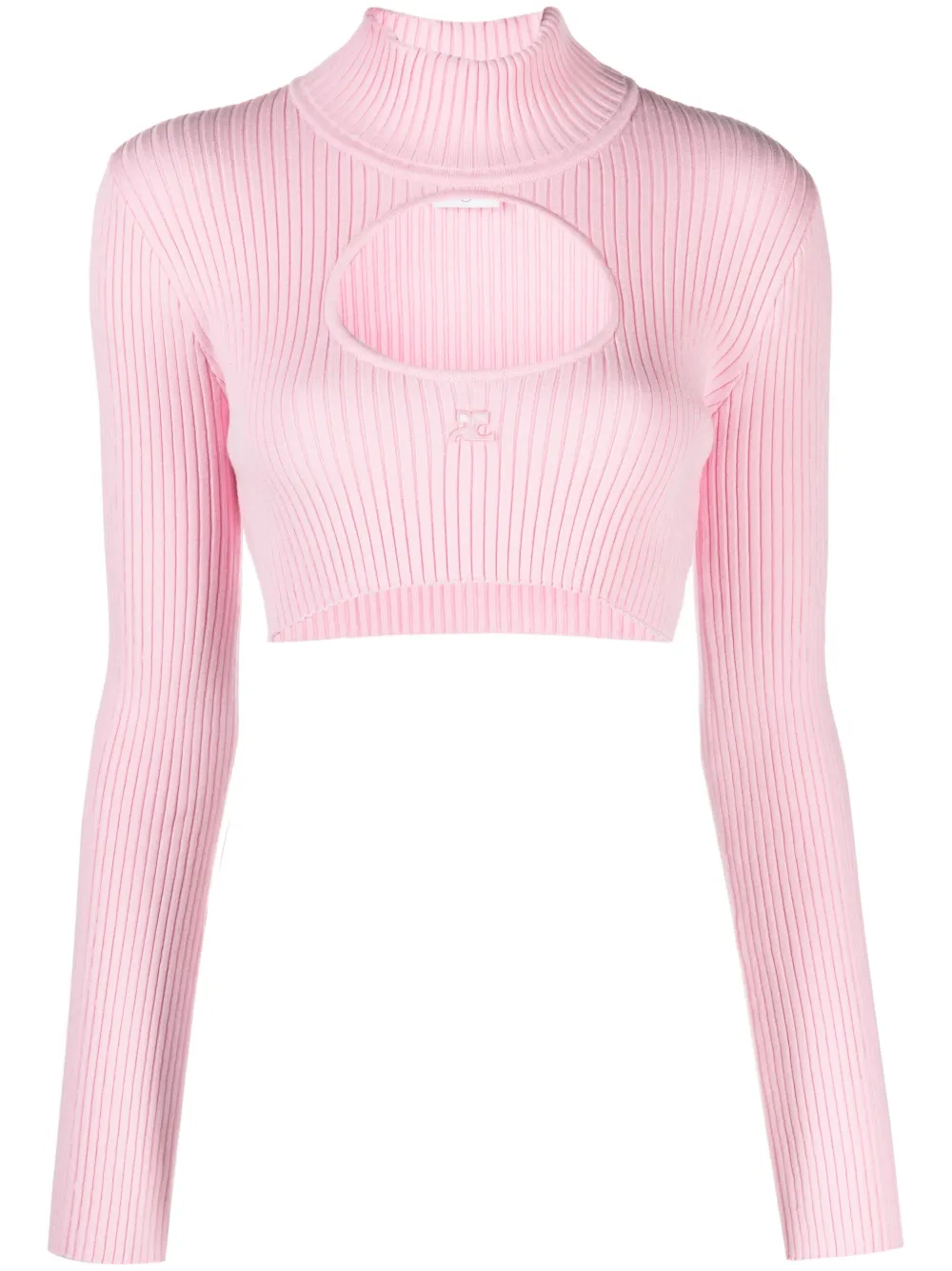 Courrèges Pink Circle Mockneck Ribbed Crop Top In Rosa