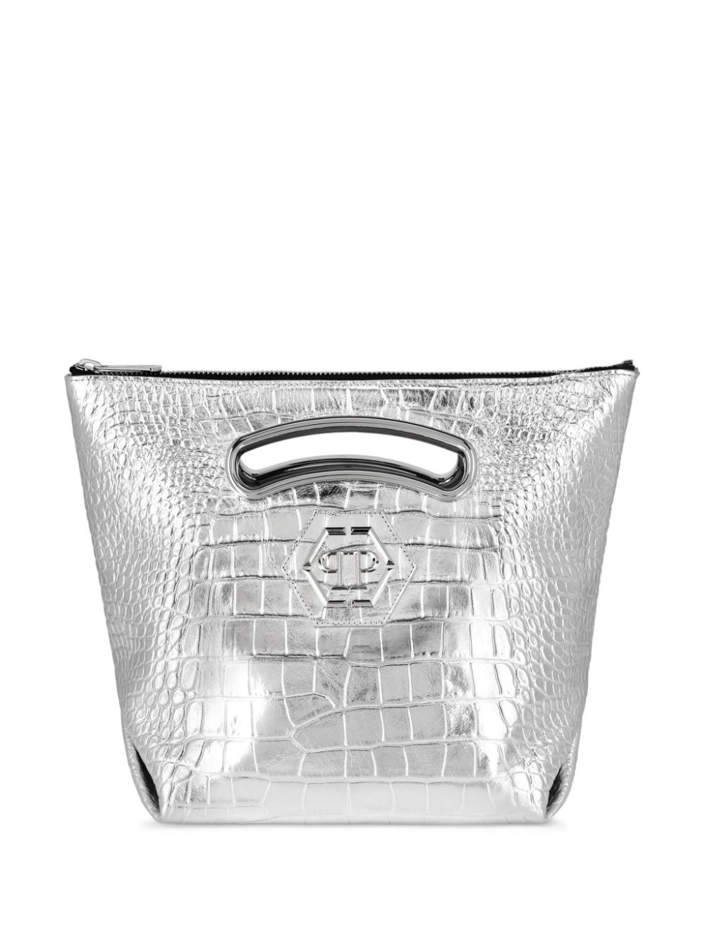 Philipp Plein Medium Crocodile-effect Leather Tote Bag In Silver