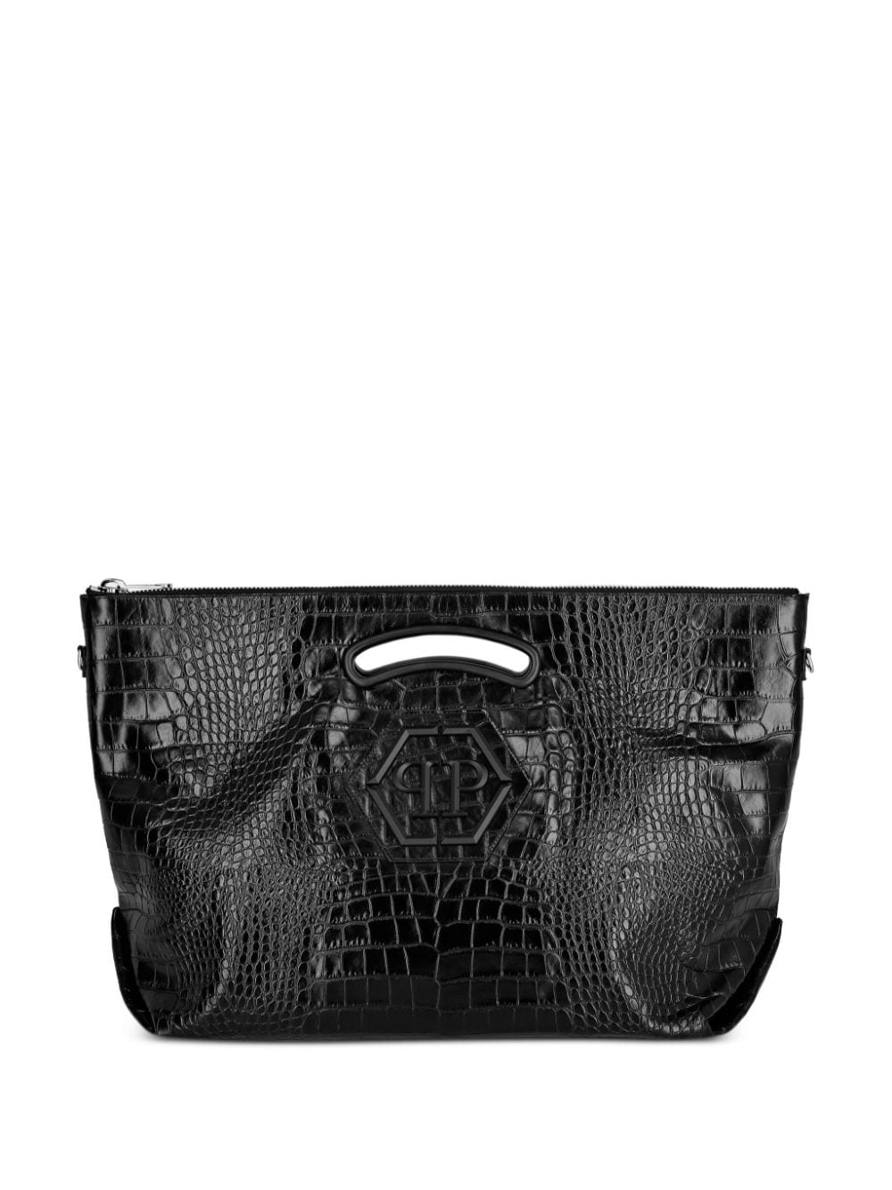 Philipp Plein Logo-plaque Crocodile-embossed Tote Bag In Black