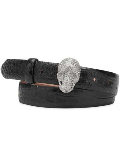 Philipp Plein crocodile-embossed skull-buckle leather belt Women