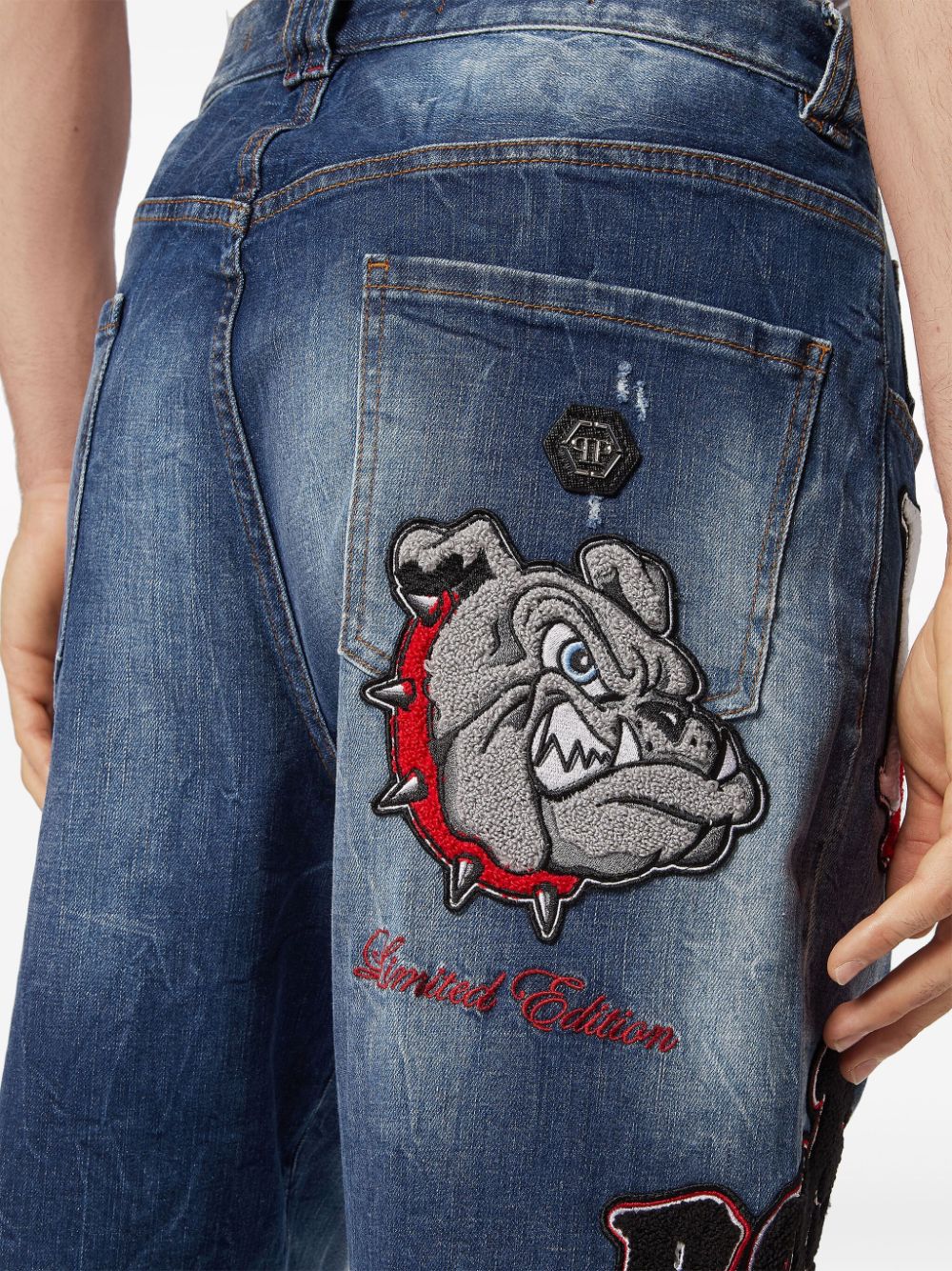 Shop Philipp Plein Patch-detail Distressed Denim Shorts In Blue