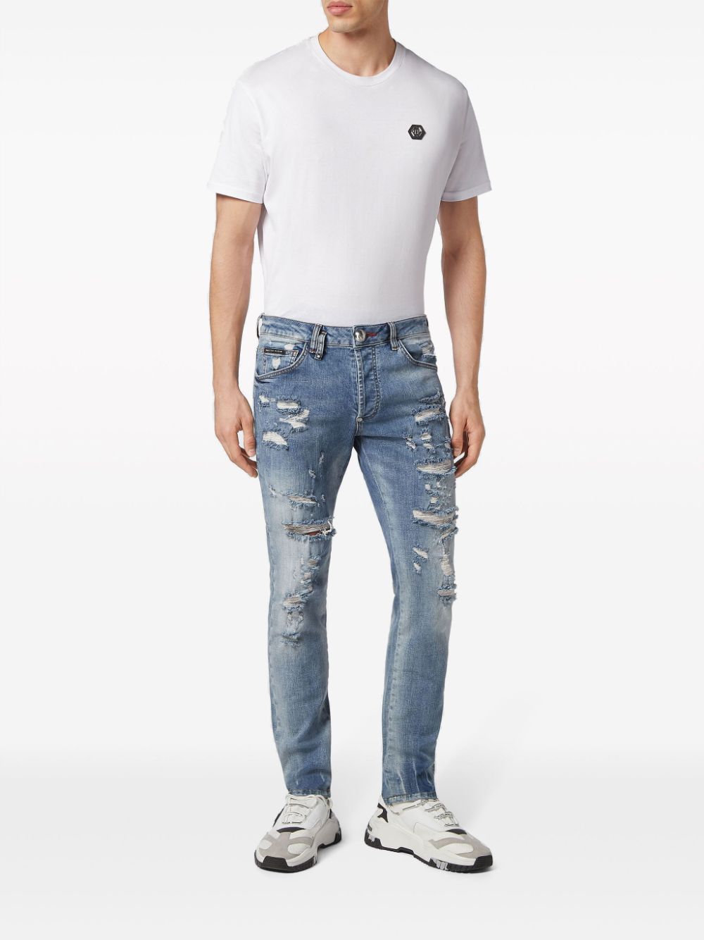 Shop Philipp Plein Ripped-detail Stonewashed Skinny Jeans In Blue
