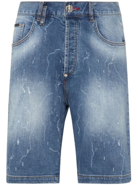 Philipp Plein logo-patch stonewashed denim shorts Men