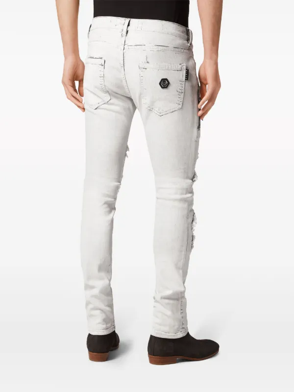 Philipp Plein Ripped Stonewashed Skinny Jeans | White | FARFETCH