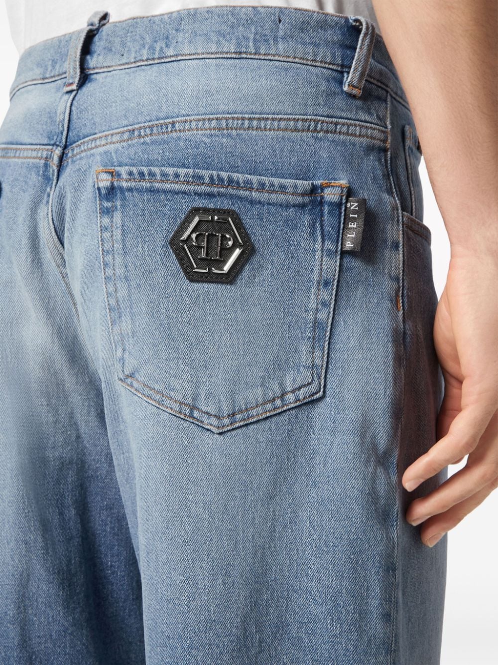 Shop Philipp Plein Logo-appliqué Denim Shorts In 蓝色