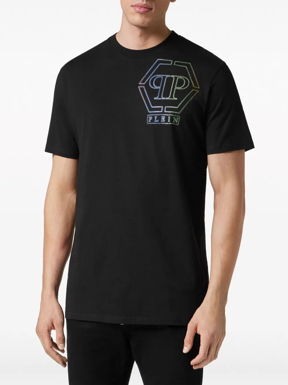 Shop Philipp Plein Hexagon Rhinestone-embellished Cotton T-shirt In Black