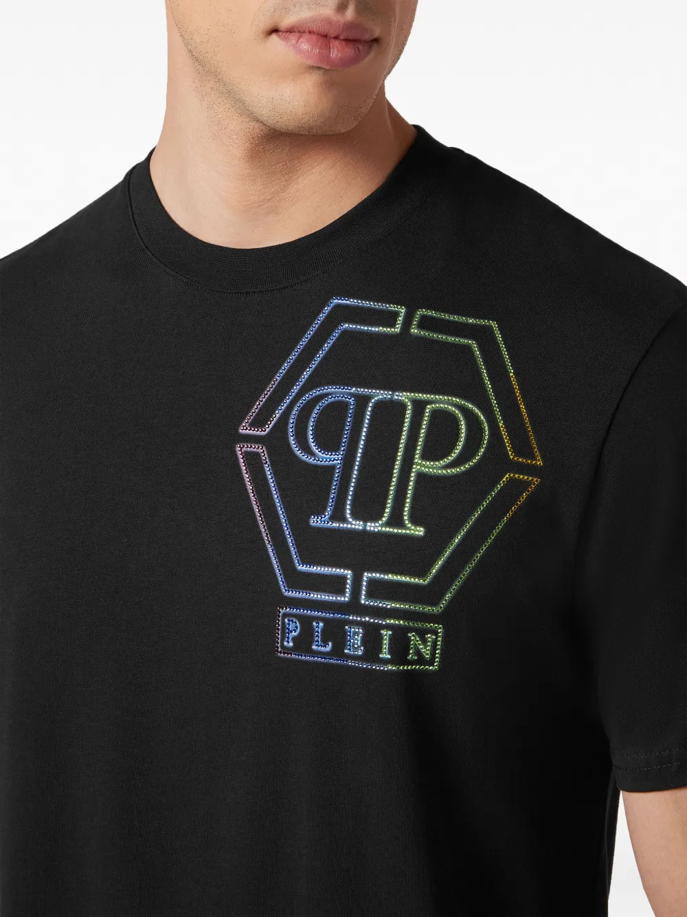 Shop Philipp Plein Hexagon Rhinestone-embellished Cotton T-shirt In Black