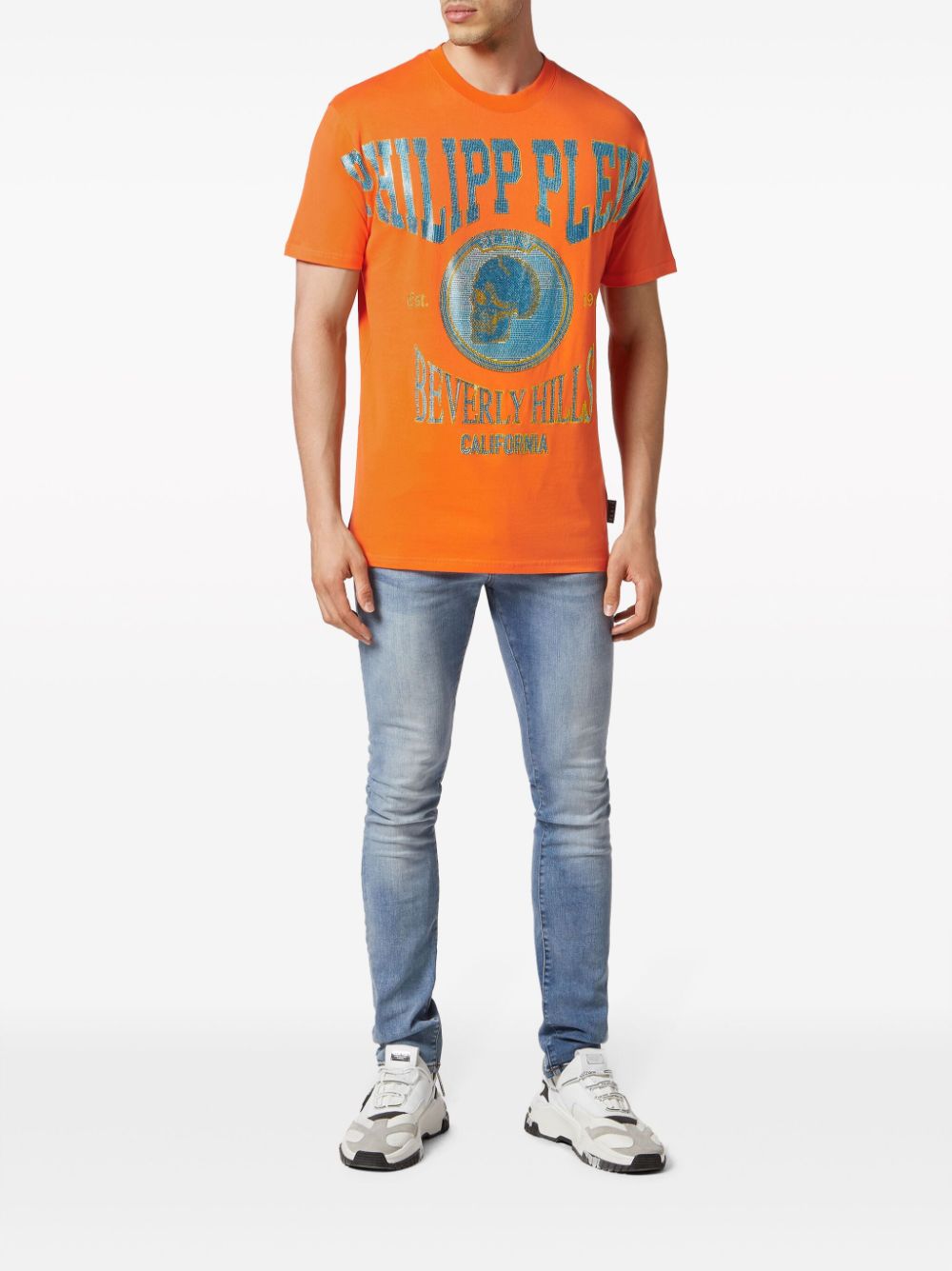 Shop Philipp Plein Crystal-embellished Cotton T-shirt In Orange