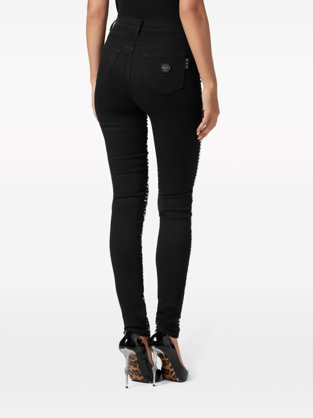 Shop Philipp Plein Crystal-embellished Cotton Blend Skinny Jeans In Black