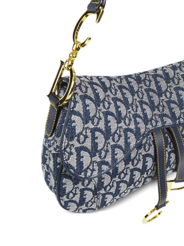 Christian Dior Triple Zip Saddle Crossbody Bag Denim Blue Leather