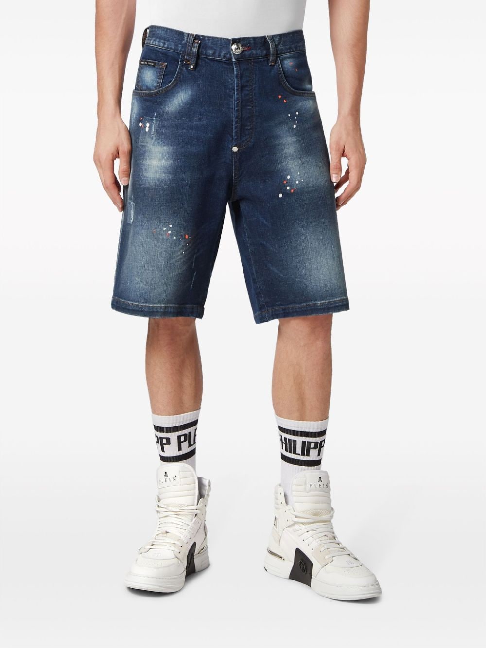 Shop Philipp Plein Splatter-print Knee-length Denim Shorts In Blue