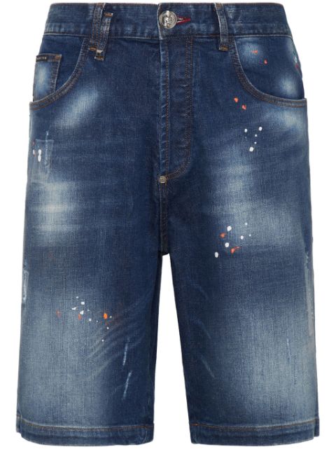 Philipp Plein splatter-print knee-length denim shorts Men