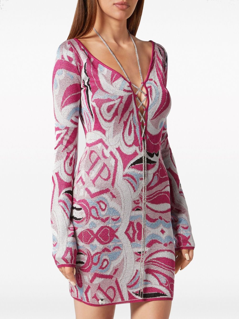 Shop Philipp Plein Intarsia-knit Crystal-stripe Minidress In Rosa