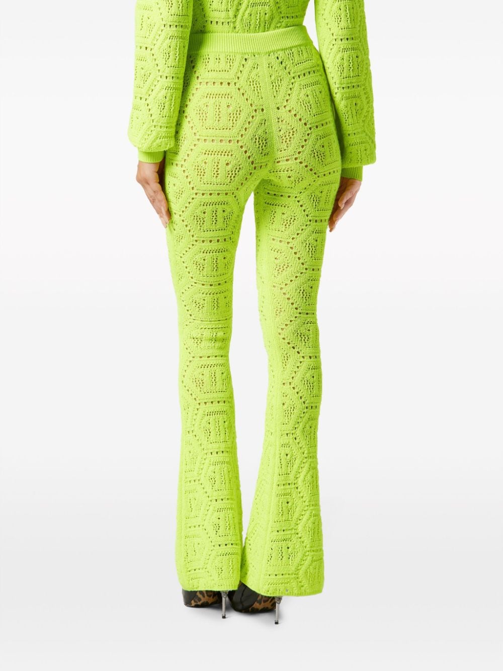 Shop Philipp Plein Patterned-knit Flared Trousers In Yellow