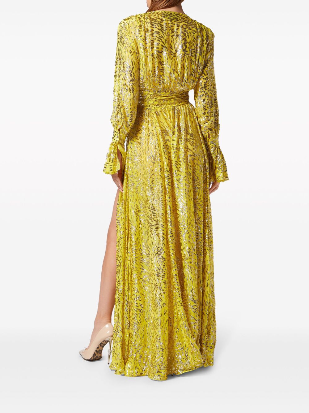 Shop Philipp Plein Metallic-threading Front-slit Maxi Dress In Yellow