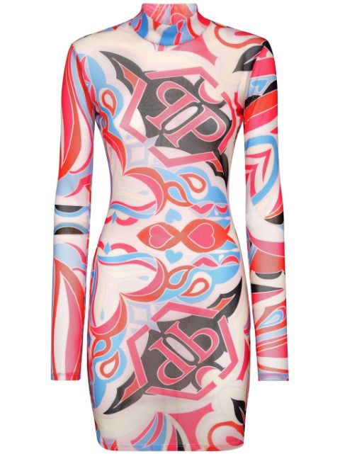 Philipp Plein LS Colorful Circus mock-neck minidress Women