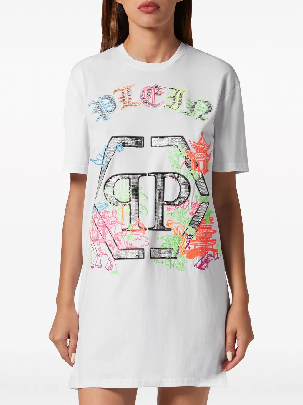 Philipp Plein T-shirtjurk verfraaid met logo Wit
