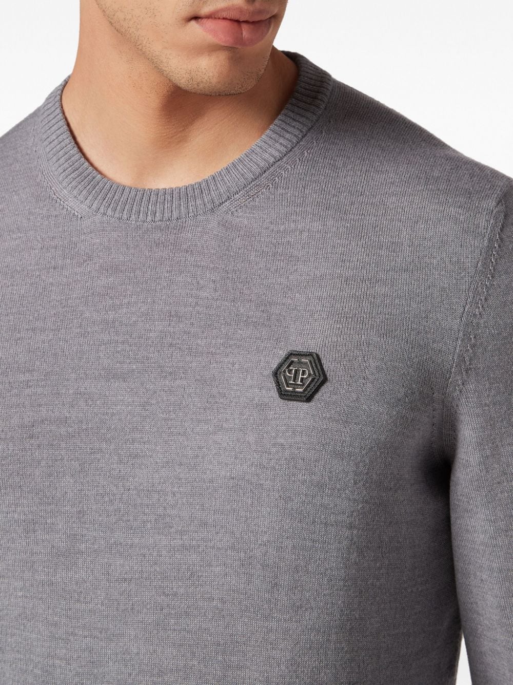 Shop Philipp Plein Logo-patch Fine-knit Jumper In Grey